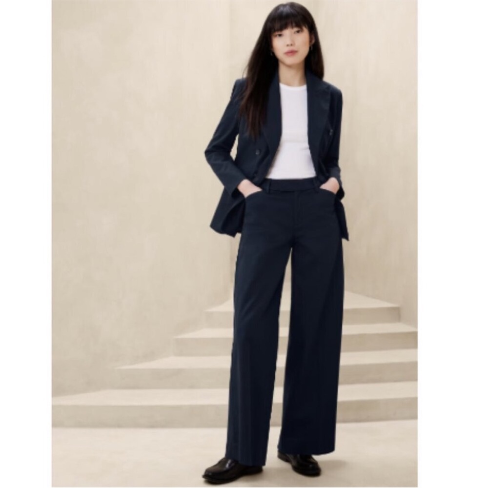Banana Republic Mid Rise Stretch-Cotton Icon Wide Leg Pants Navy Blue
